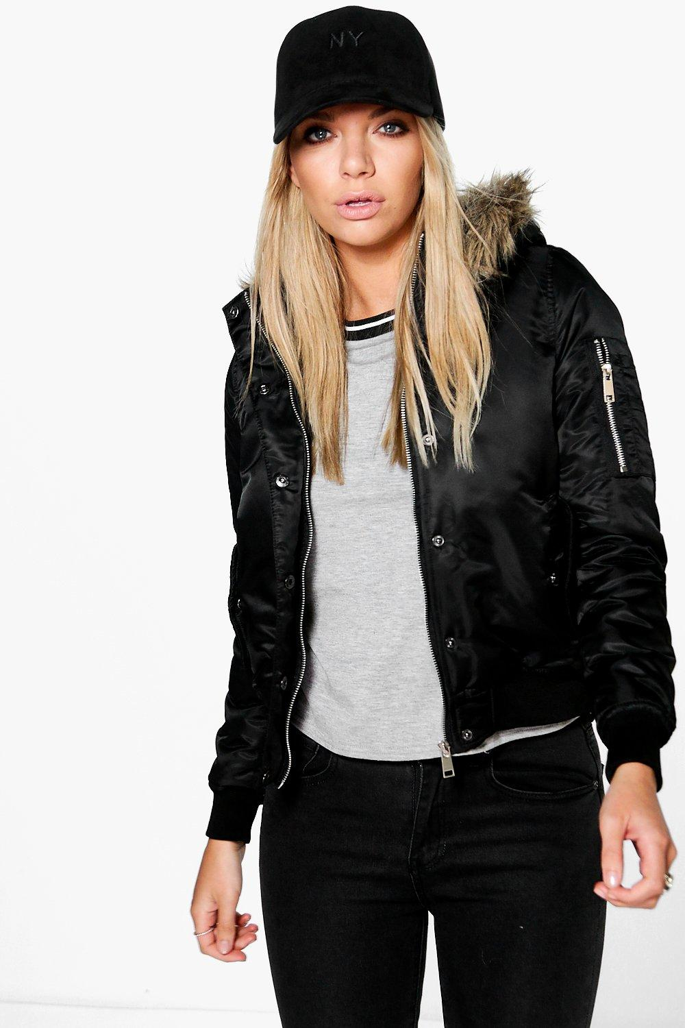 Cropped bomber jacket with fur hood Clearance