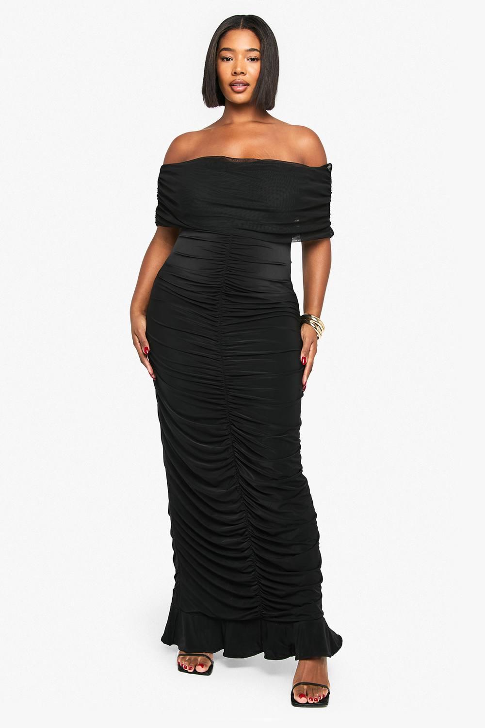 Boohoo Plus Mesh Bardot Ruched Maxi Dress in Black | Lyst