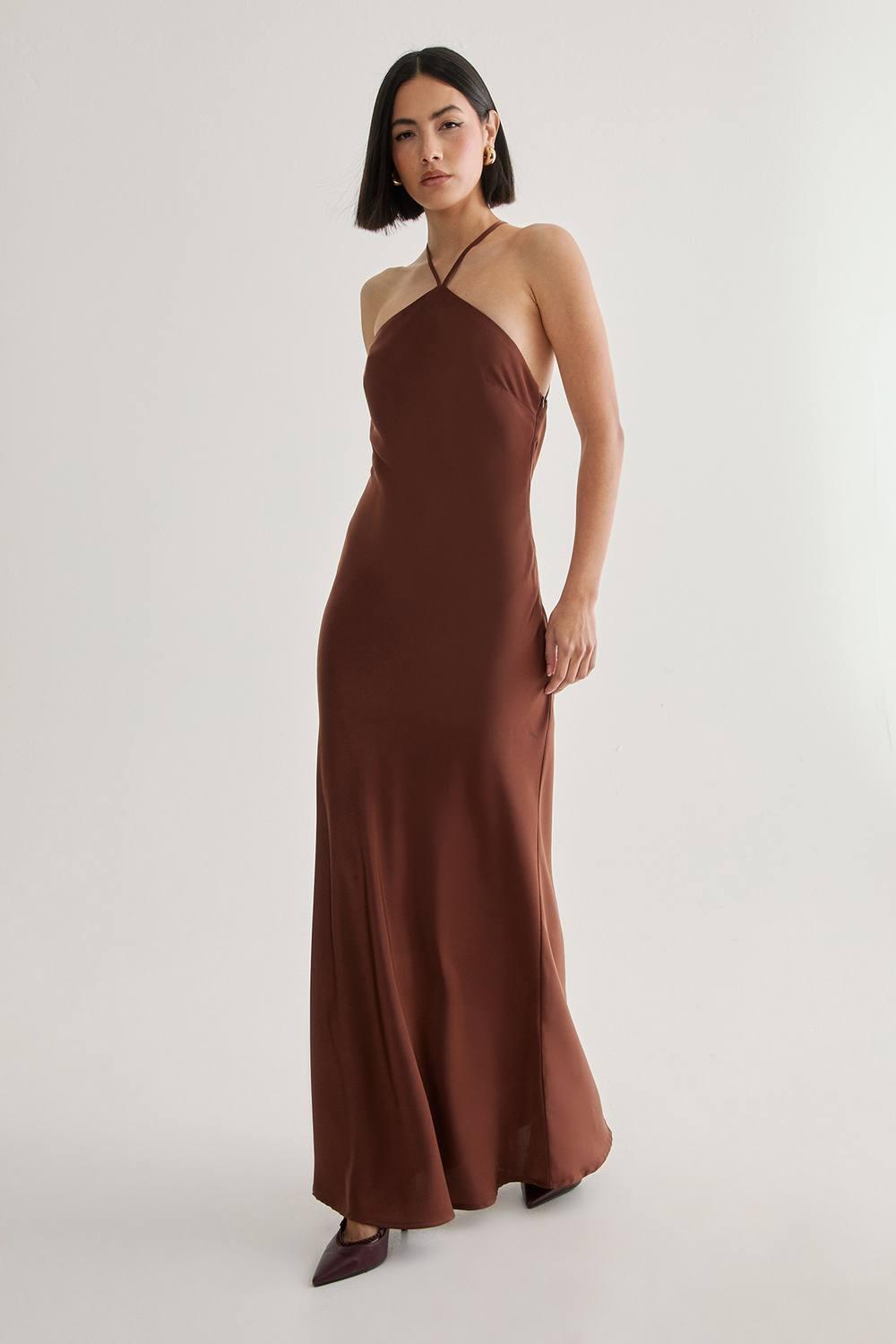 Nasty Gal Satin Halter Neck Cowl Back Maxi Dress in Brown