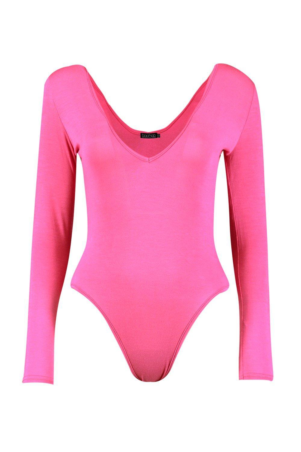 Boohoo Plunge Long Sleeve Bodysuit in Pink | Lyst