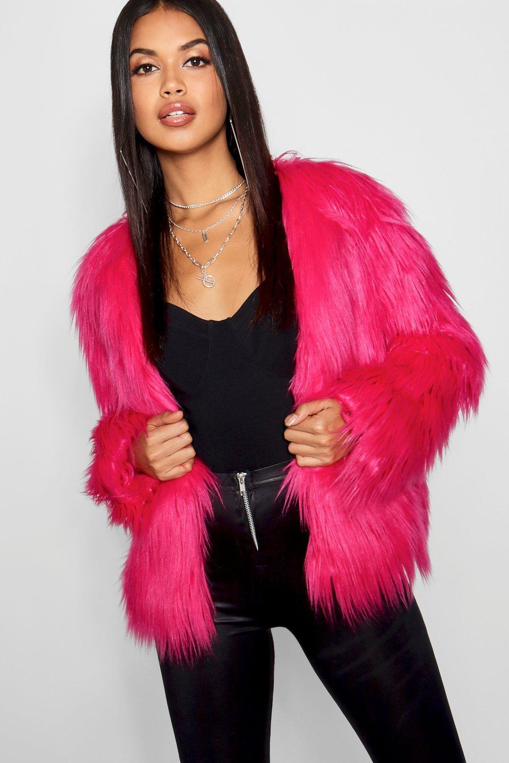 Boohoo Shaggy Faux Fur Coat in Hot Pink (Pink) - Lyst