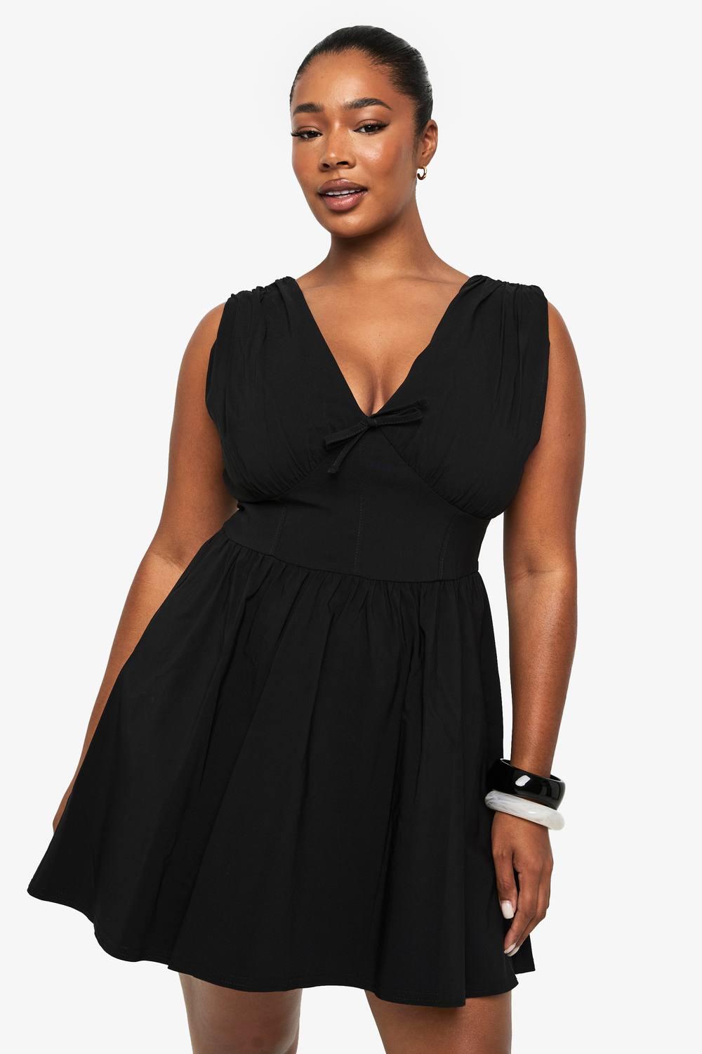 Boohoo Plus Tie Detail Plunge Corset Skater Dress in Black | Lyst Boohoo Plus Tie Detail Plunge Corset Skater Dress in Black | Lyst