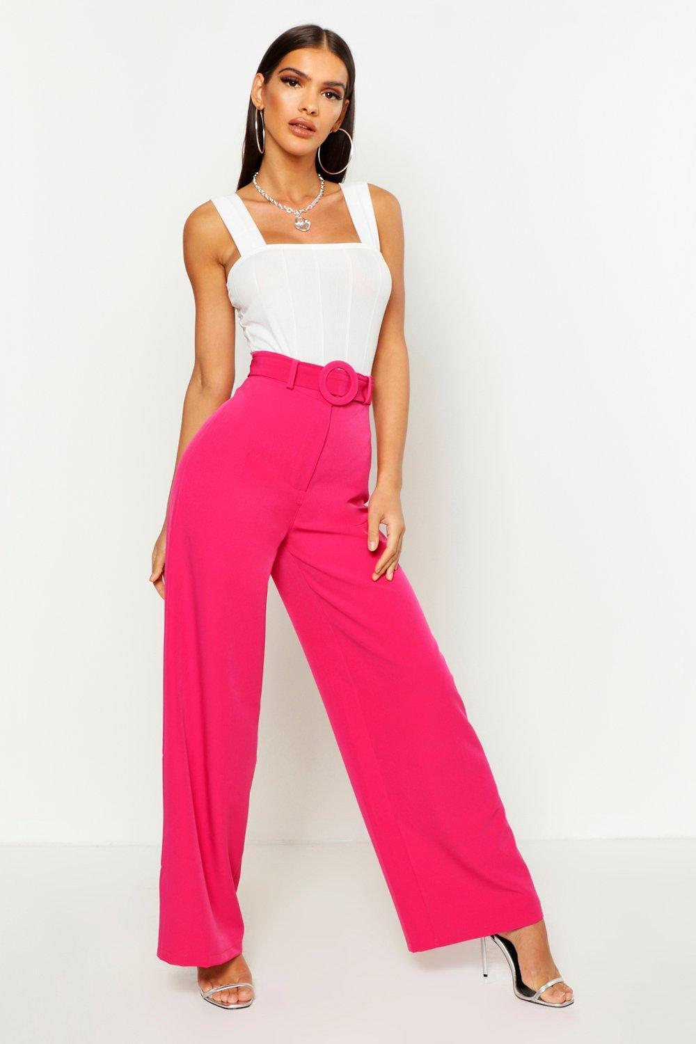 Boohoo Wide Leg Belted High Waist Pants in Pink - Lyst