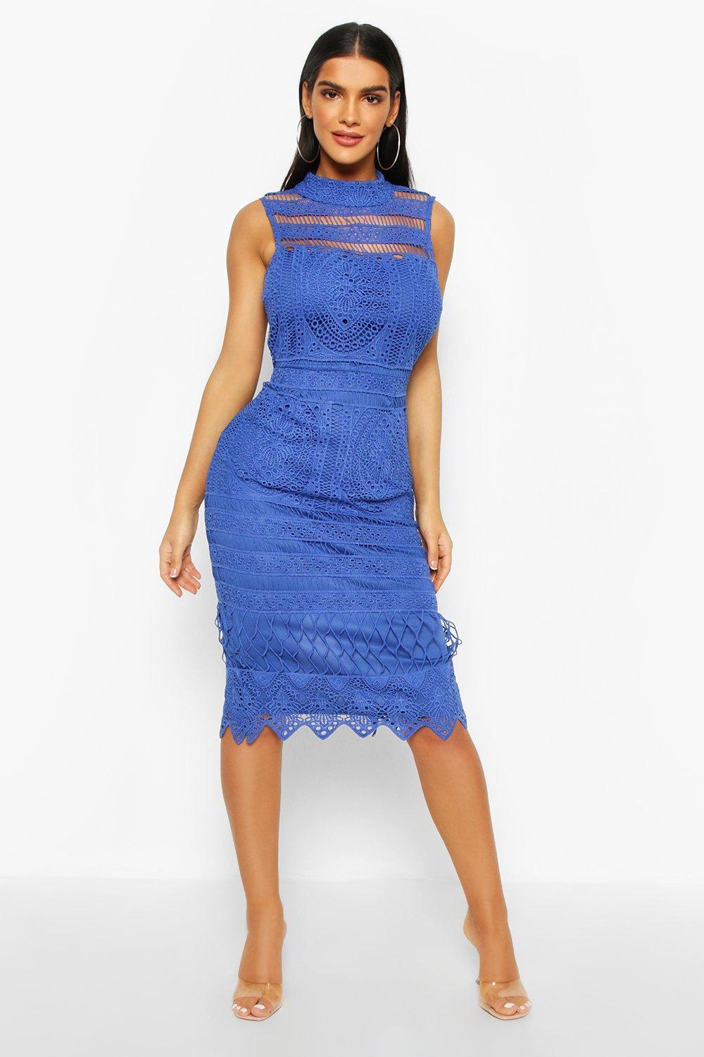  Boohoo  High Neck Crochet Lace Bodycon Midi Dress  in Blue  