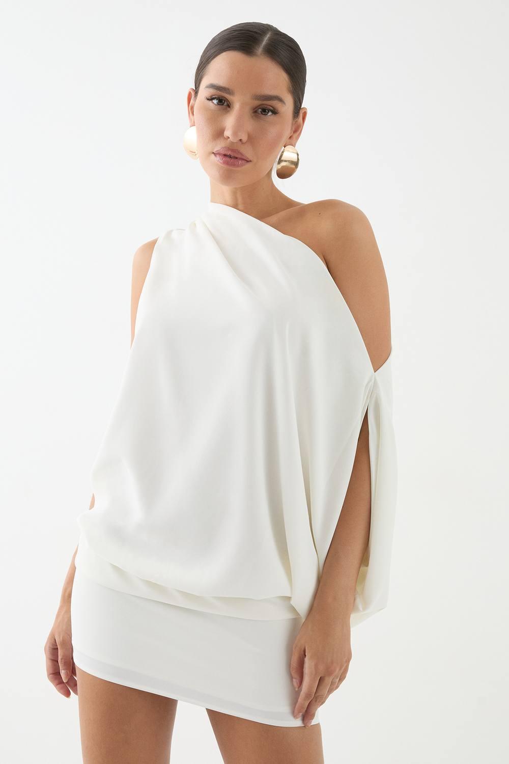 navy blue dress for baby girl MissPap Satin Off Shoulder Asymmetric Bodycon Mini Dress in Gray