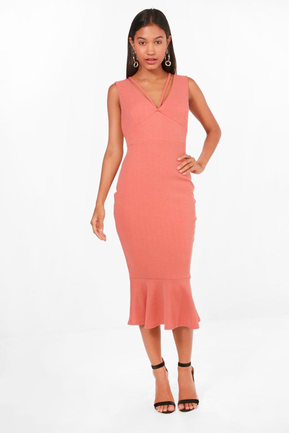 strappy frill hem midi dress