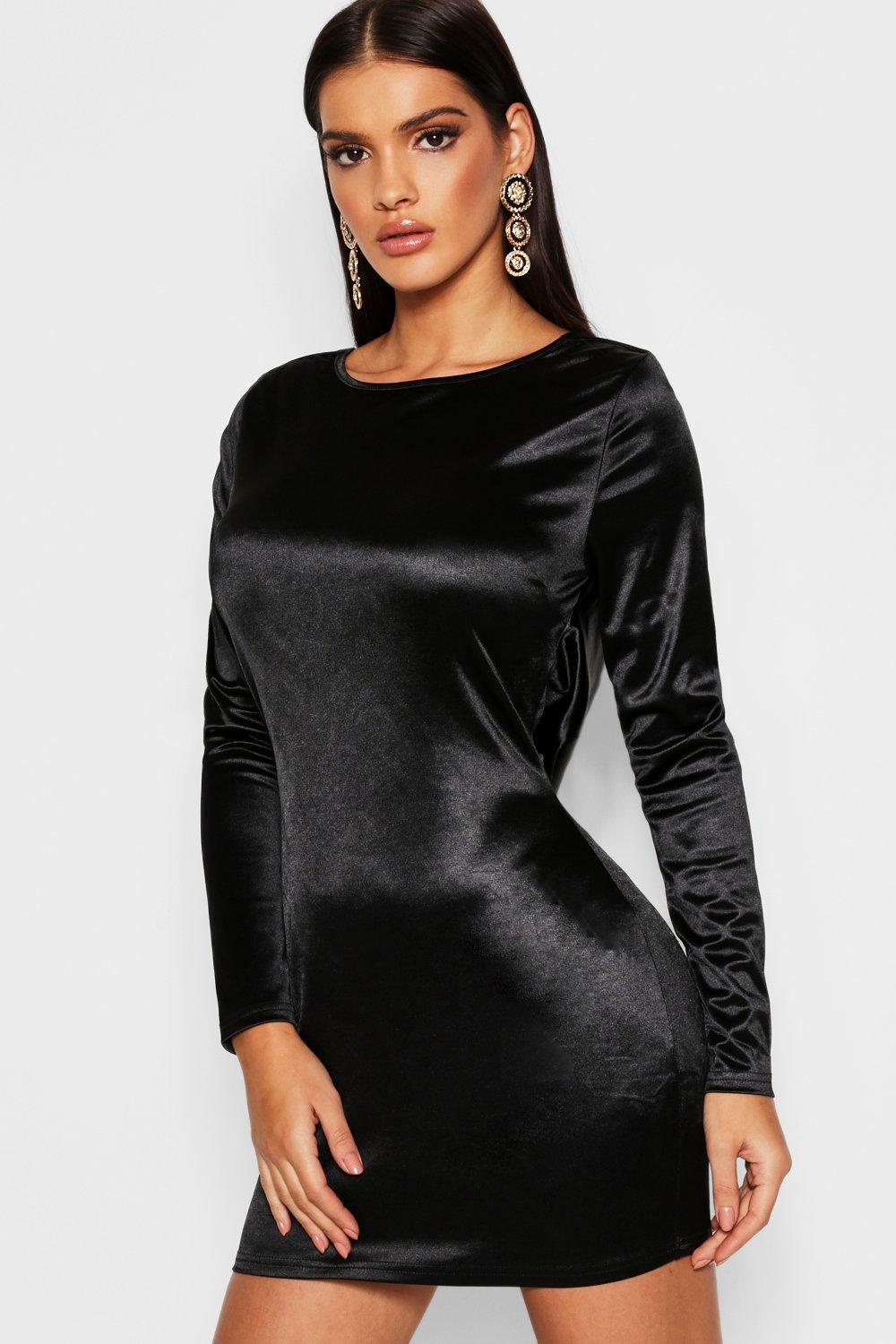 Boohoo Satin Cowl Back Long Sleeve Mini ...