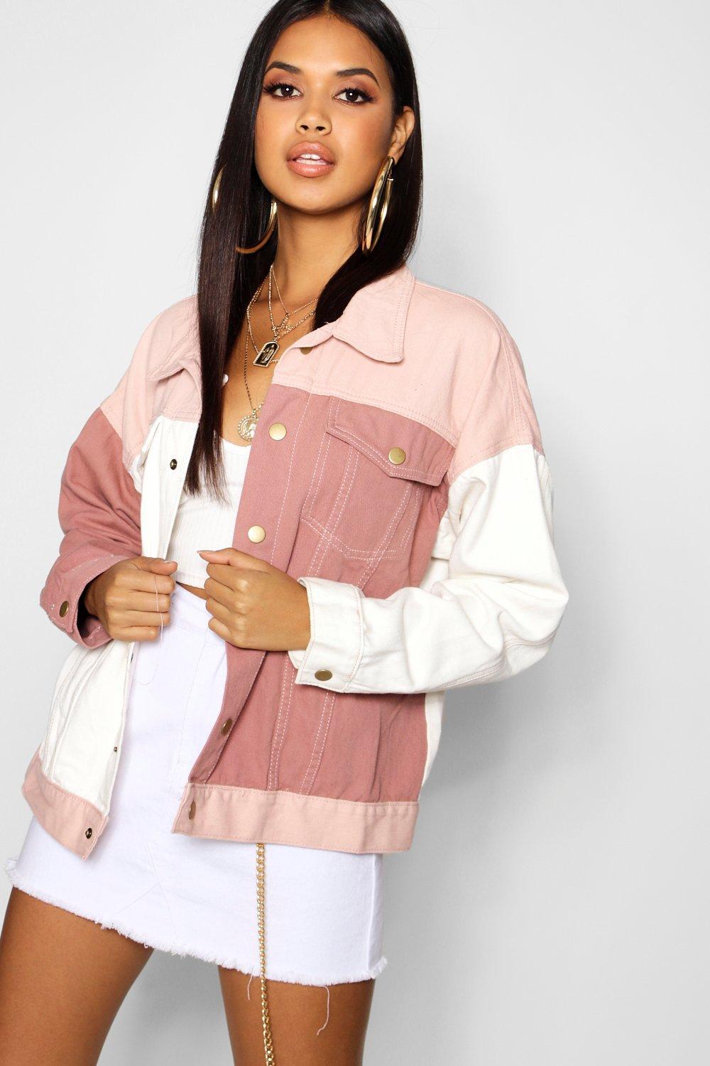 Boohoo Pink Colour Block Denim Jacket - Lyst