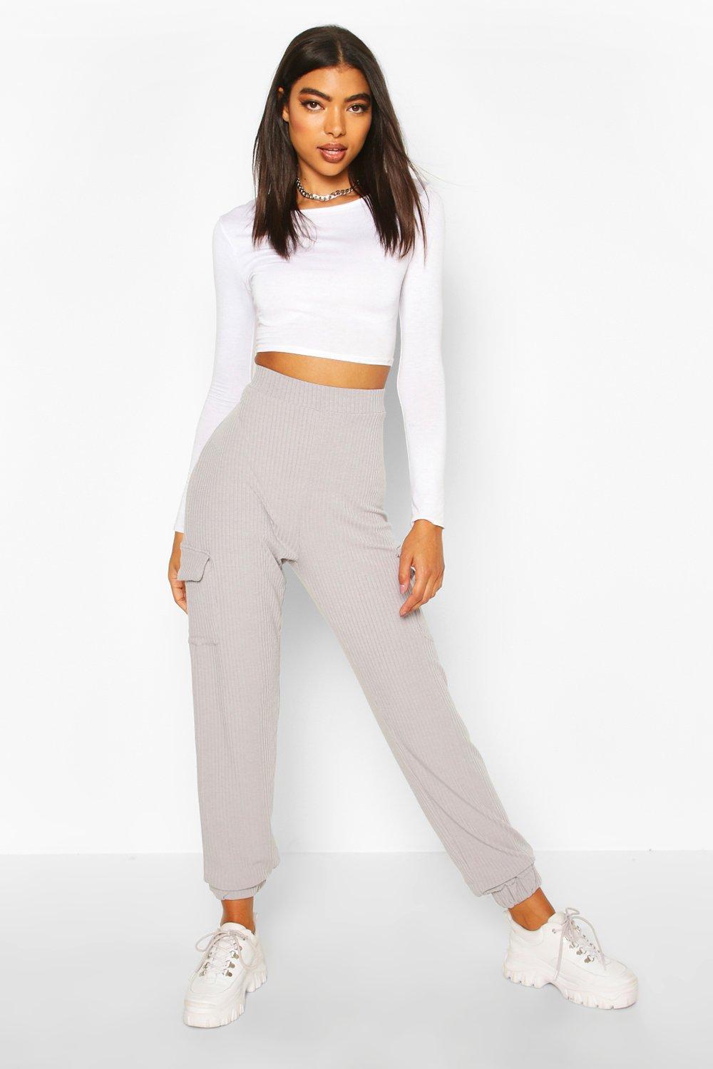 Boohoo Womens Tall Rib Cargo Pocket Joggers in Grey (Gray) - Lyst