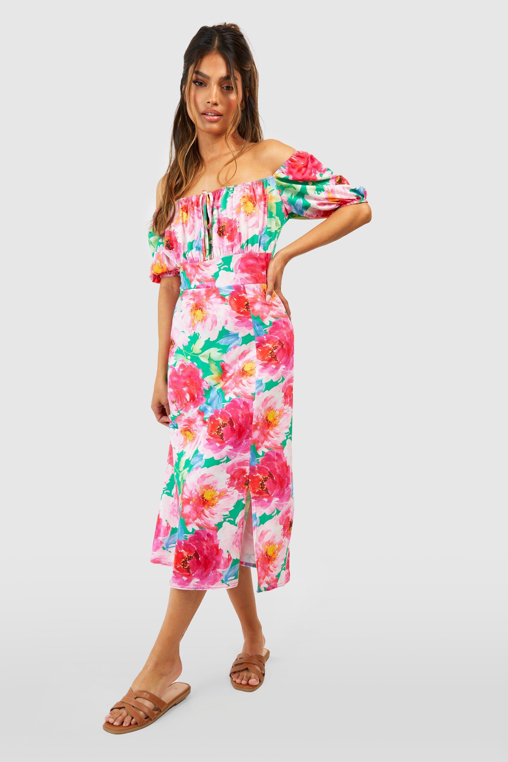 Boohoo Floral Puff Sleeve Midi Dress in Red Lyst