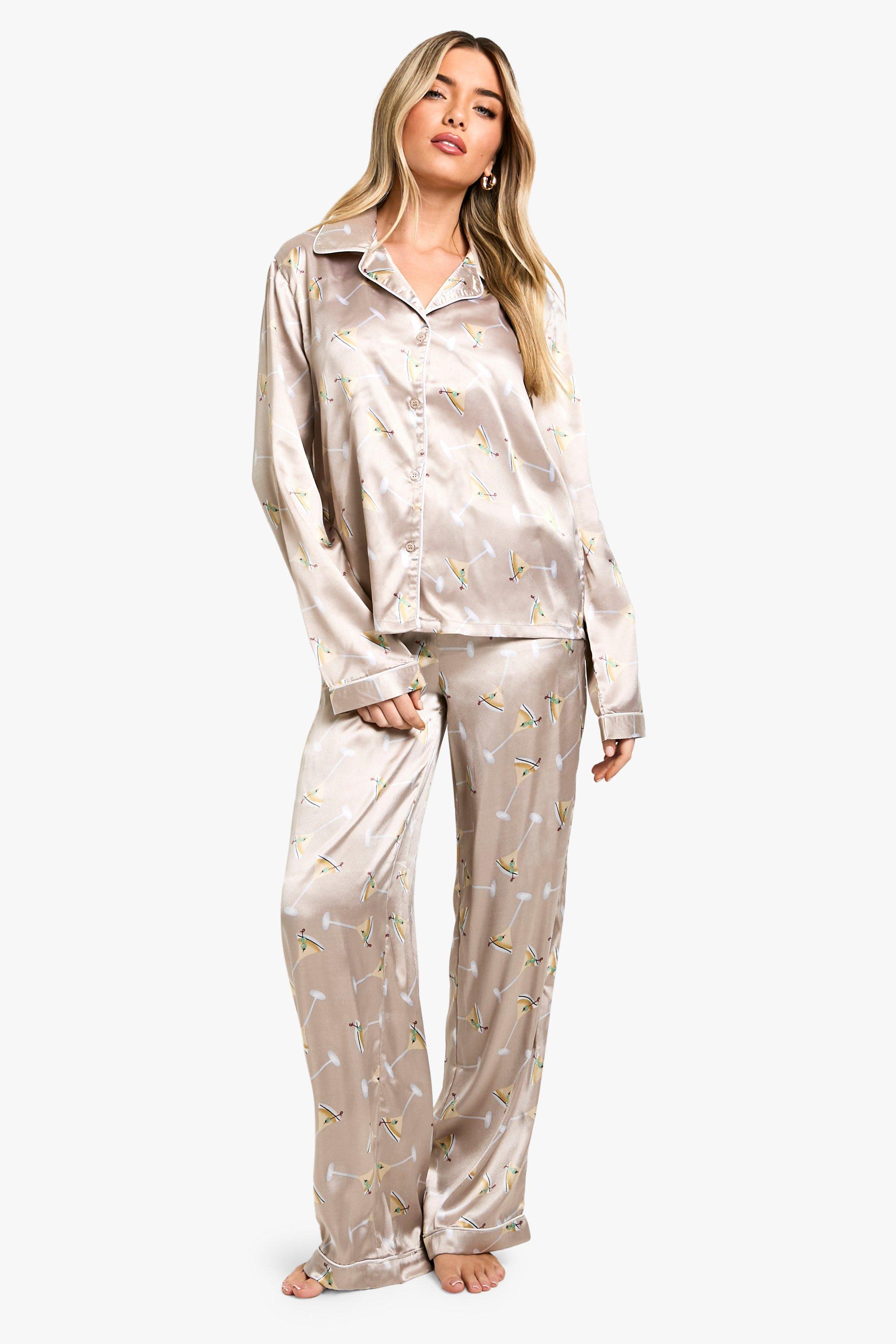 Boohoo Christmas Martini Print Satin Long Sleeve Shirt Trouser Pyjama Set in Natural Lyst Canada