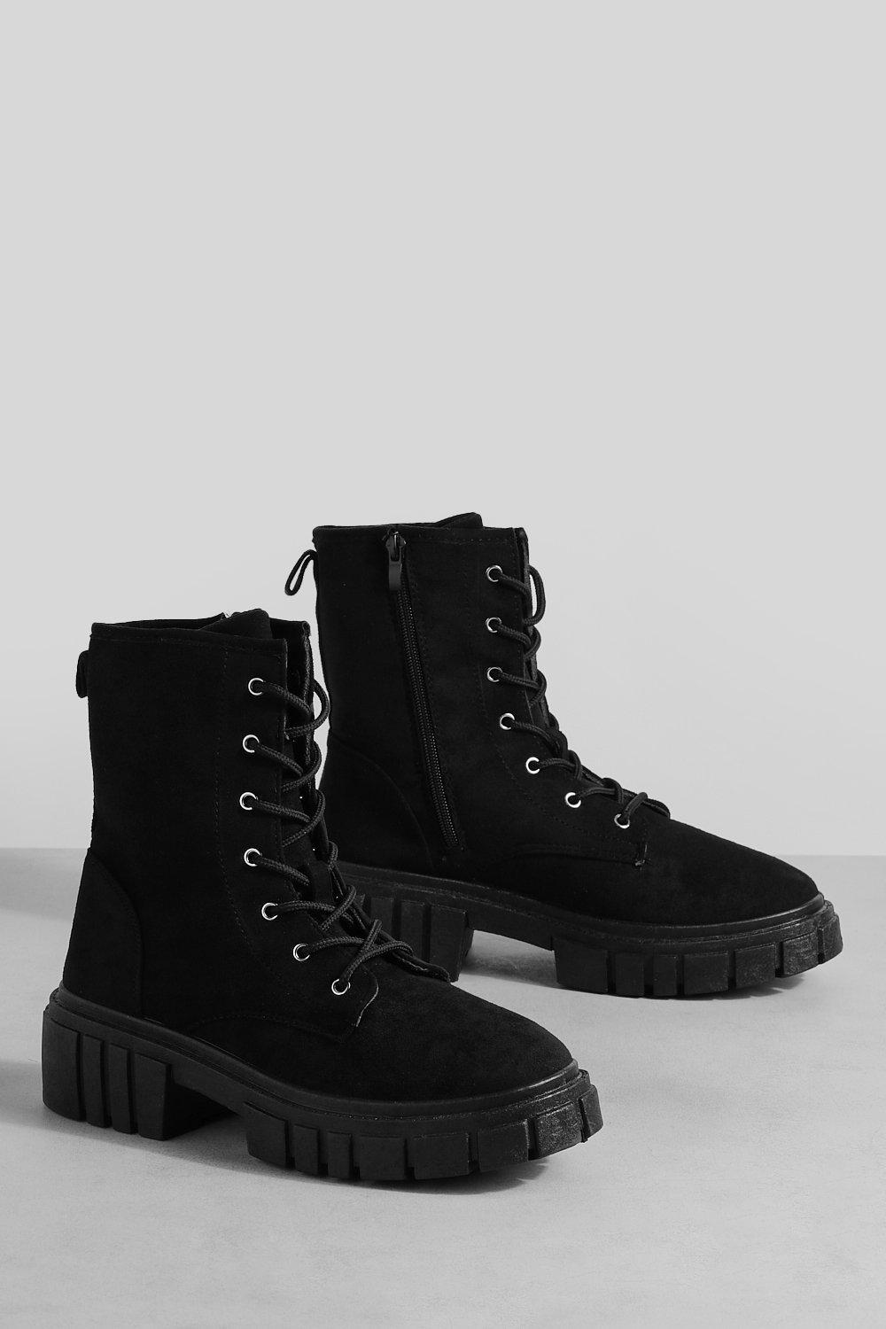 Boohoo Wide Fit Cleated Sole Lace Up Hiker Boots in Black | Lyst