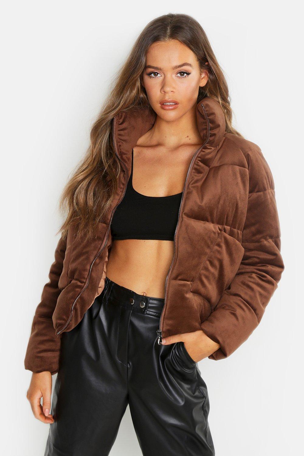 Boohoo Velvet Puffer Jacket in Chocolate (Brown) - Lyst