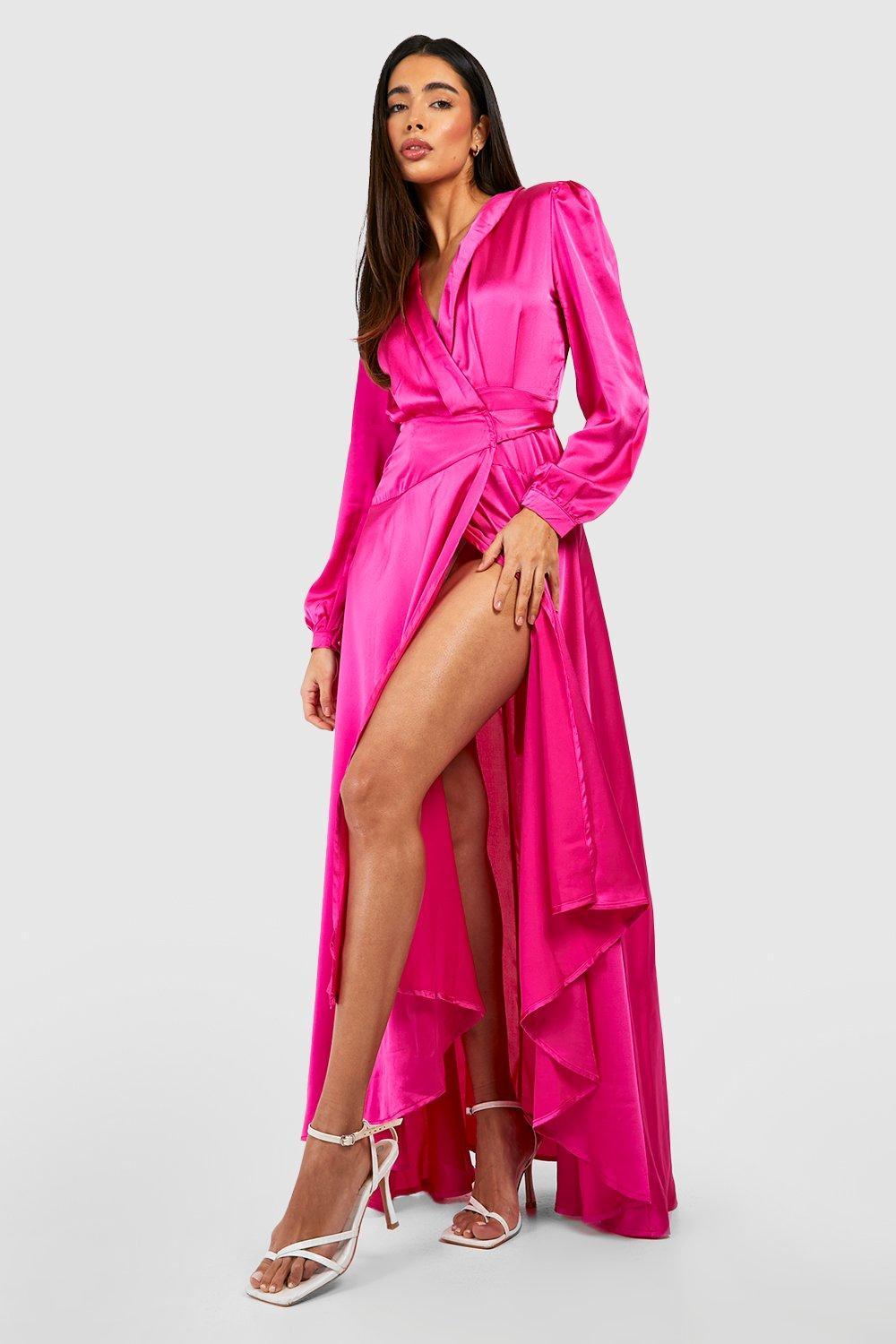 Boohoo Satin Wrap Belted Maxi Dress in Pink | Lyst