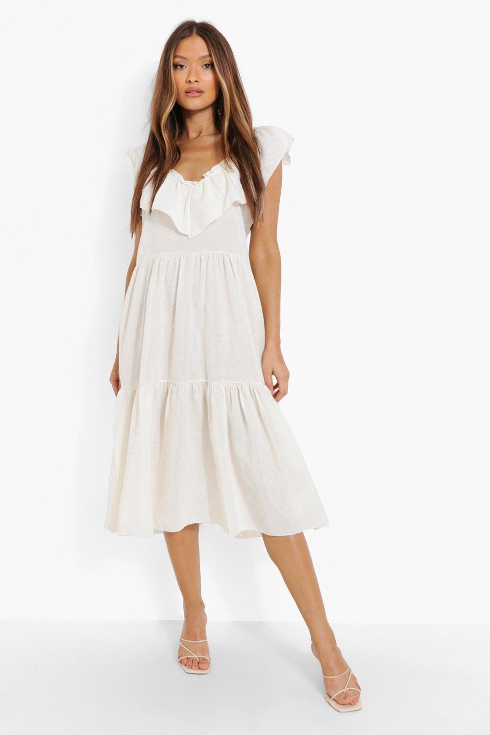 white ruffle midi dress