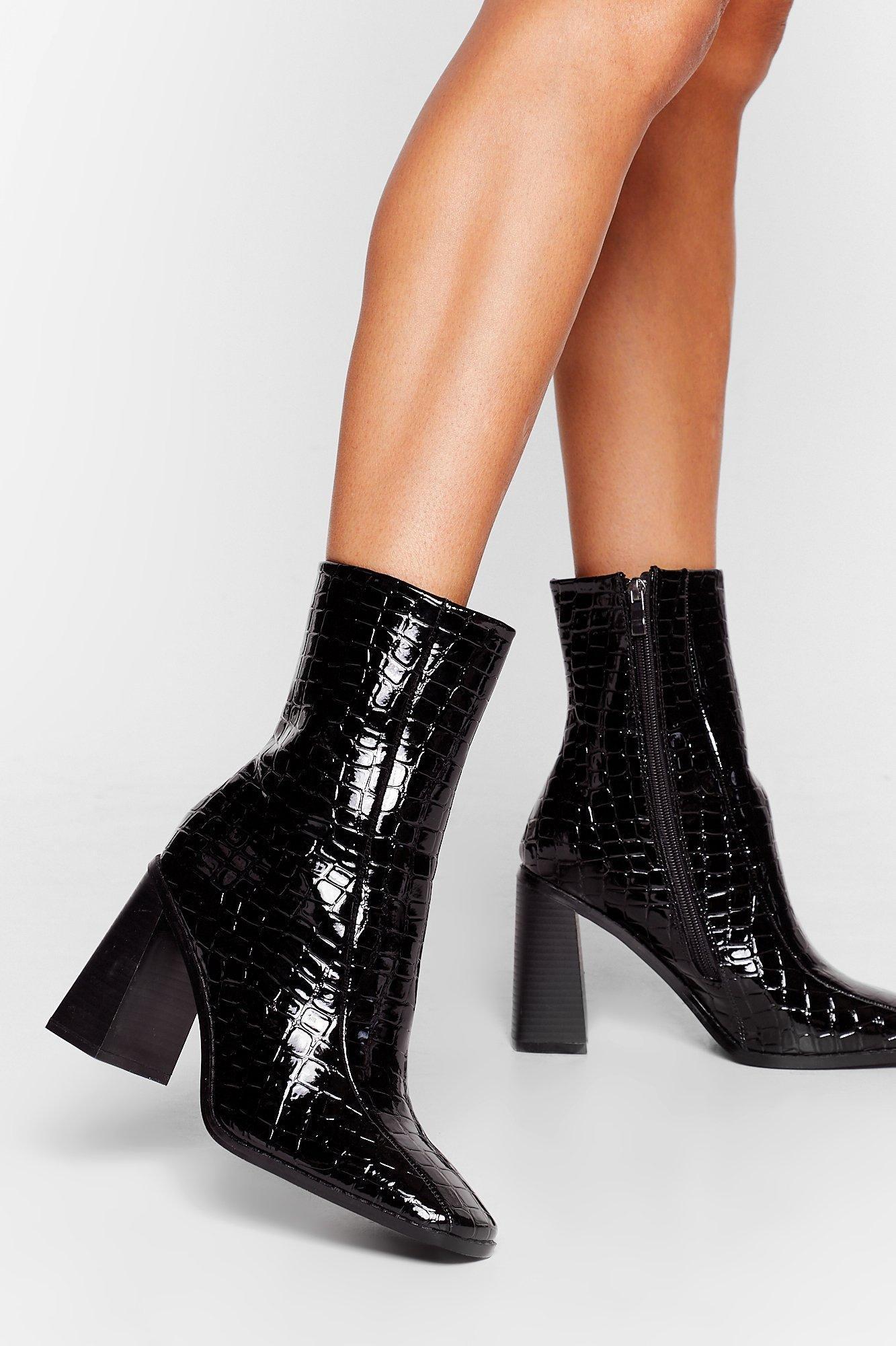 Boohoo Taking Flare Of Business Croc Heeled Boots in Black | Lyst