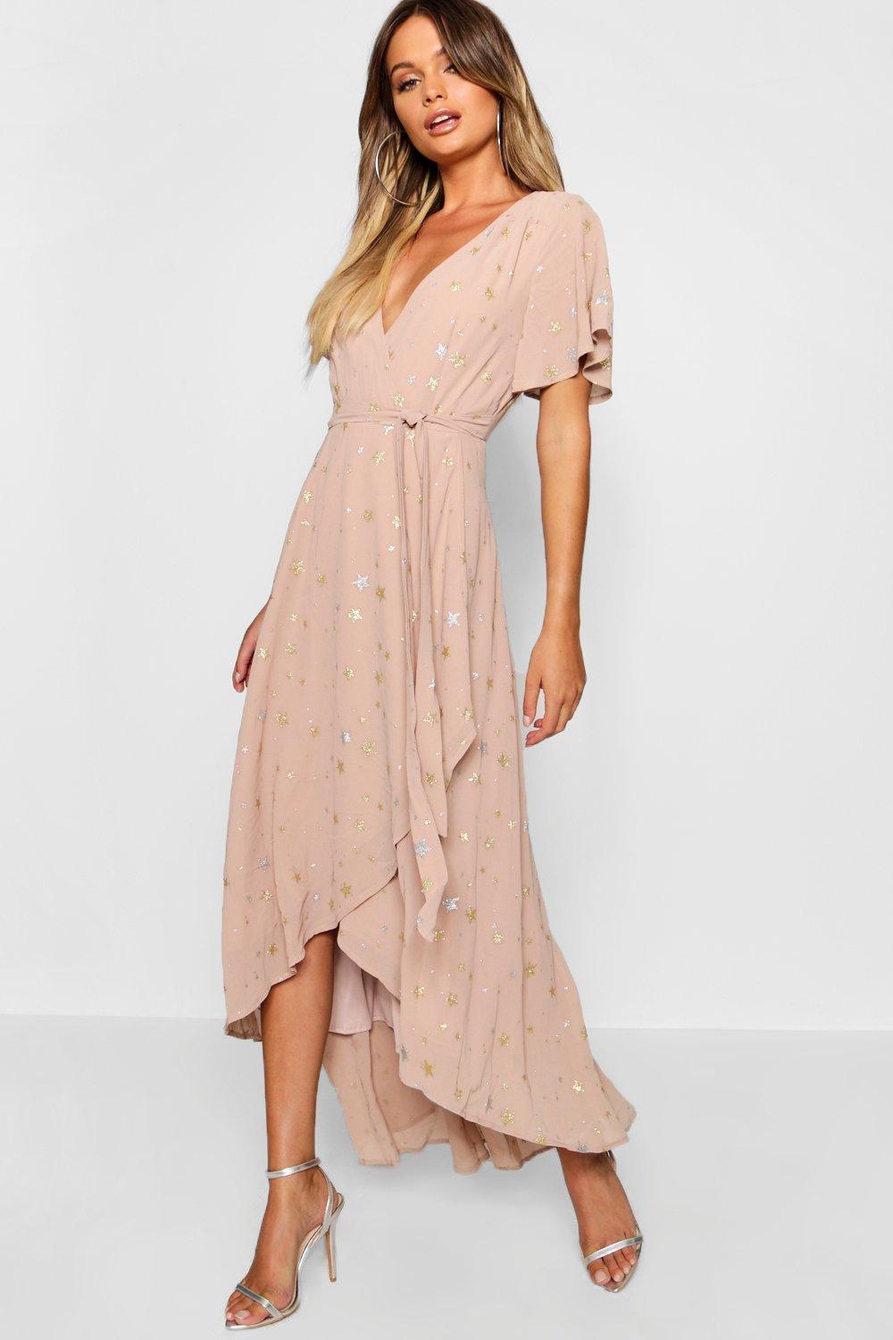 boohoo star print wrap midi dress