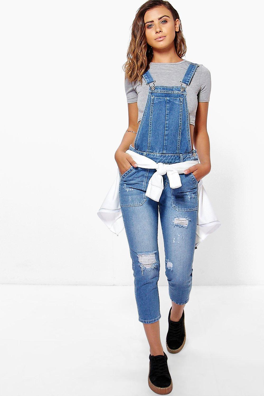 Lyst - Boohoo Petite Emily Mid Blue Distressed 3/4 Dungaree in Blue