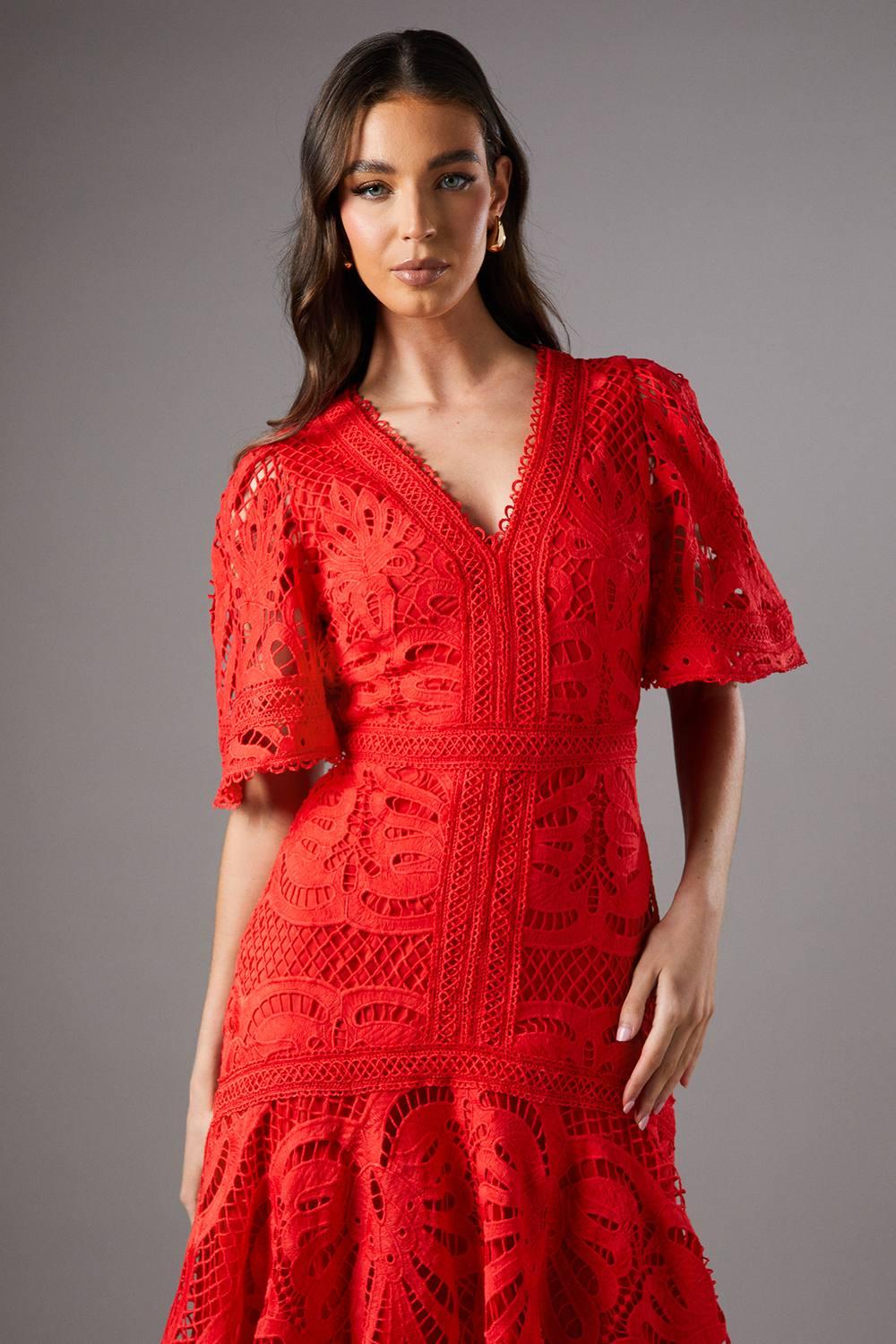 chinese dress ladies Christina Red Lace Midi Dress w/ Long Sleeves