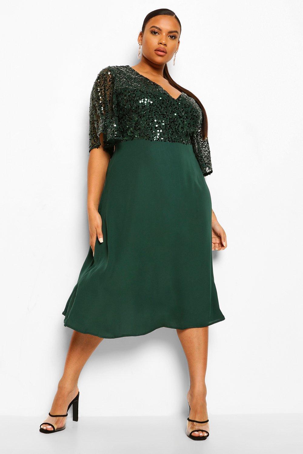 Boohoo Synthetic Plus Occasion Sequin Angel Sleeve Midi Dress in Green |  Lyst Canada