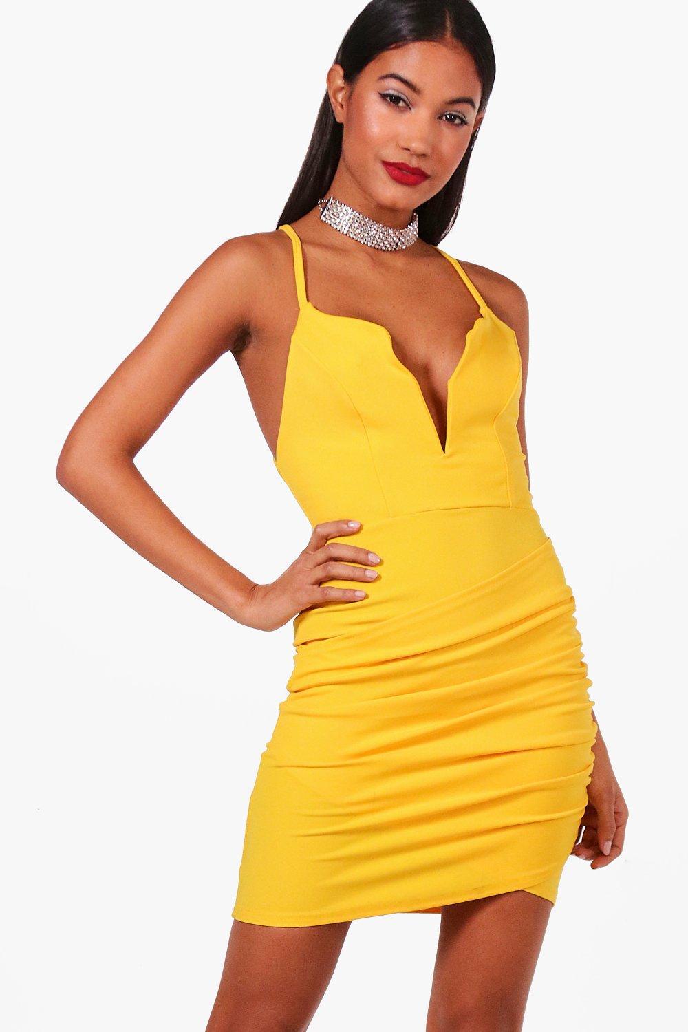Boohoo Synthetic Plunge Neck Wrap Bodycon Dress in Yellow - Lyst