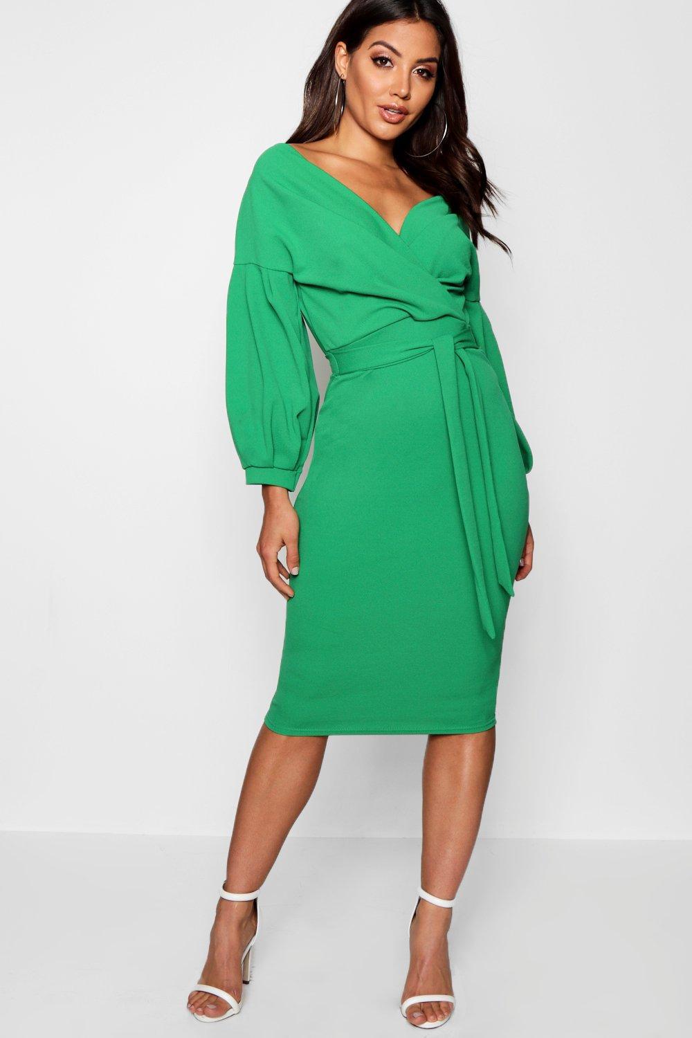 Lyst - Boohoo Off The Shoulder Wrap Midi Dress in Green