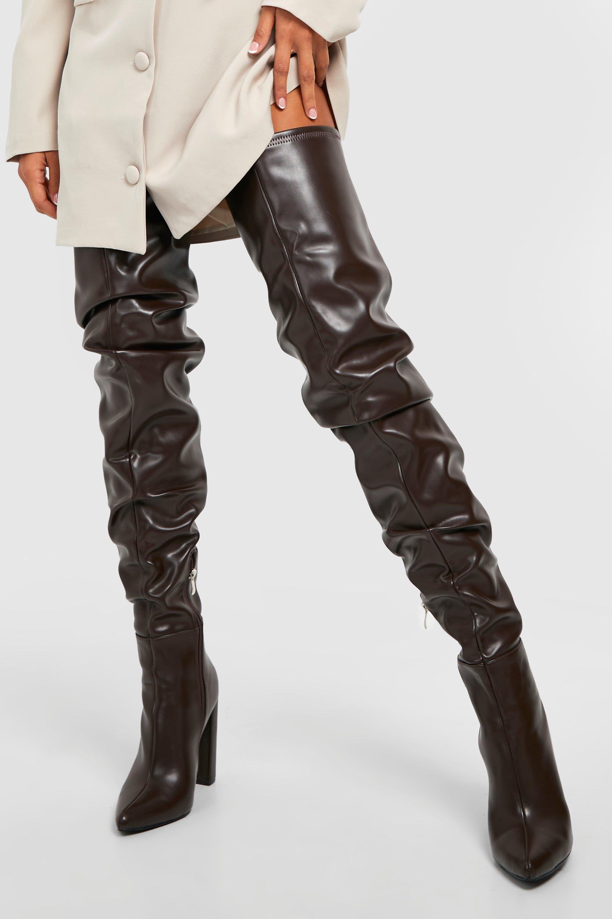 Boohoo Super Thigh High Ruched Heeled Boots in Brown | Lyst