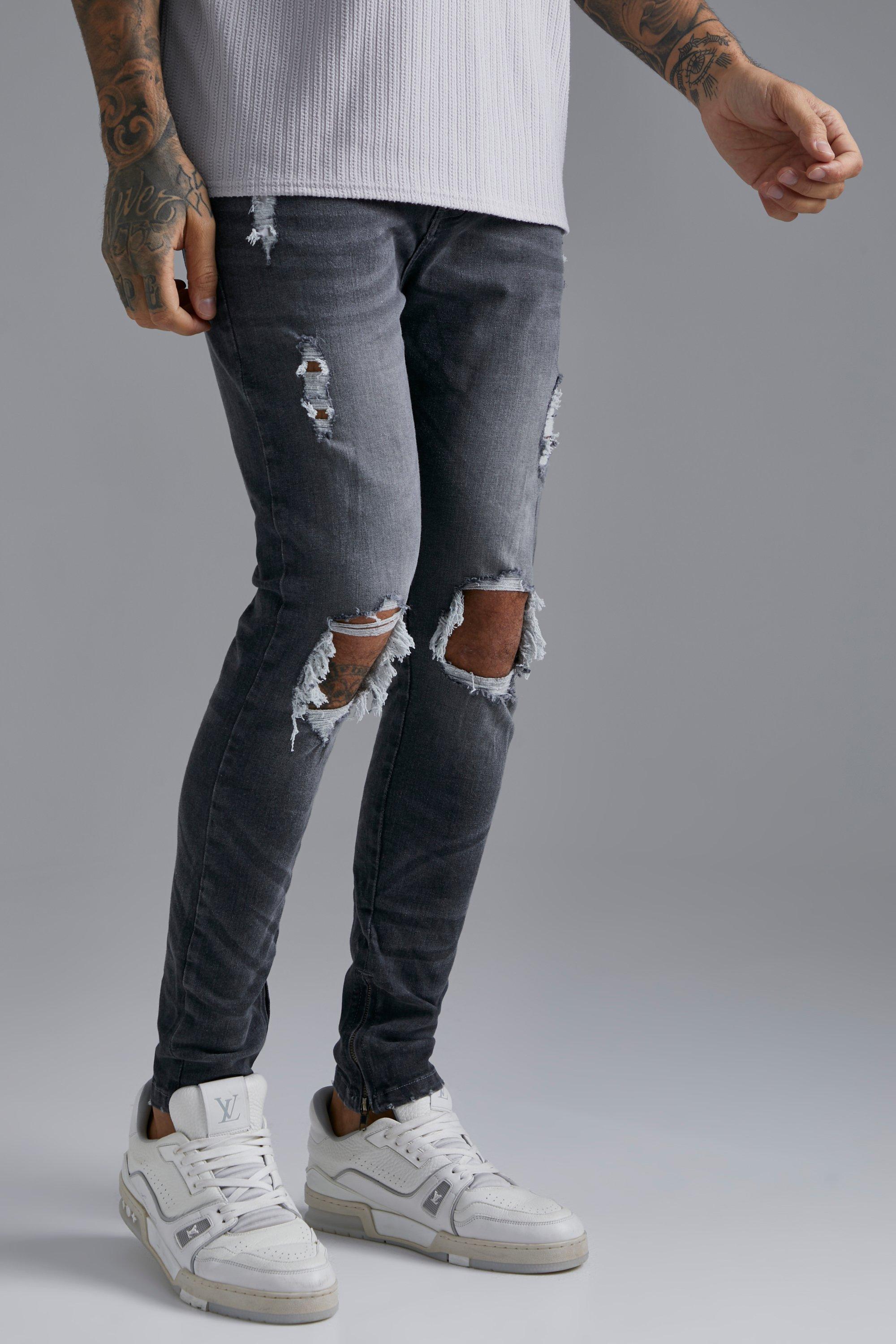 Boohoo Skinny Stretch Knee Rip Jeans With Zips in Gray | Lyst