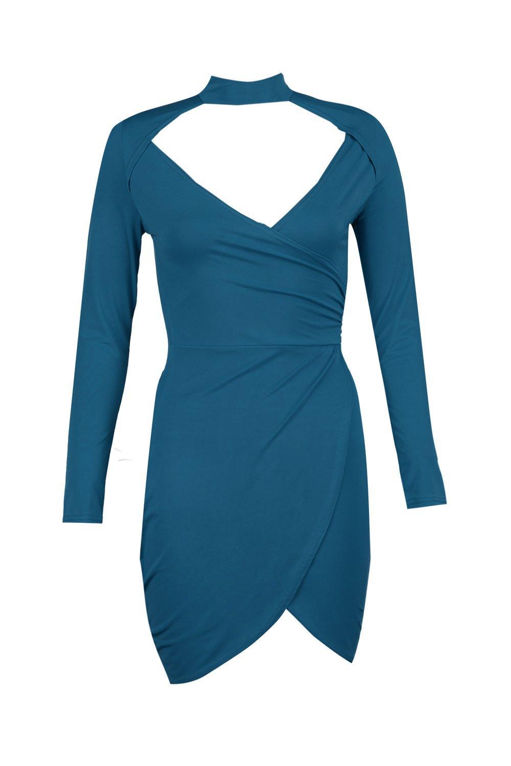 Boohoo Satin Petite Emma Choker Long Sleeve Wrap Front Dress in Teal (Blue) - Lyst