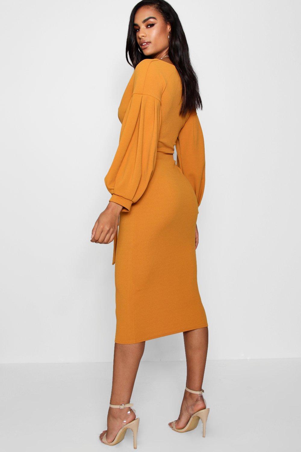 Shoulder Wrap Midi Bodycon Dress 