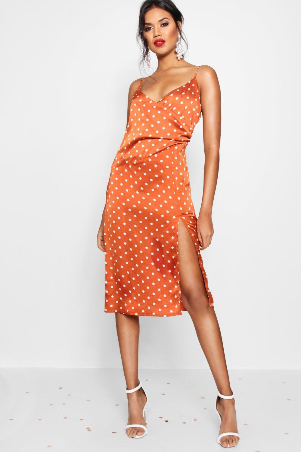 Boohoo Boutique Satin Polka Dot Wrap Slip Dress in Navy (Orange) | Lyst