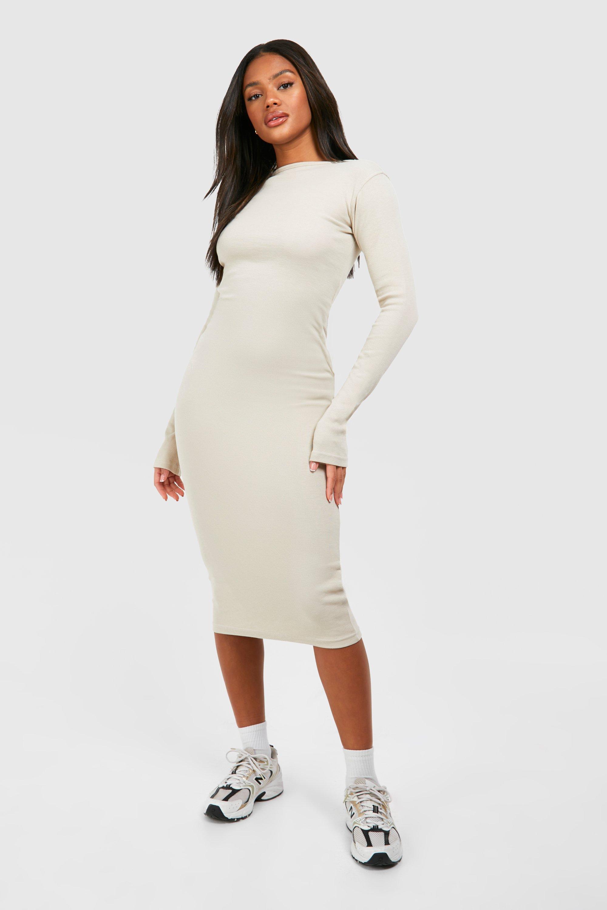 White long sleeve square neck ruched midi simialr dress