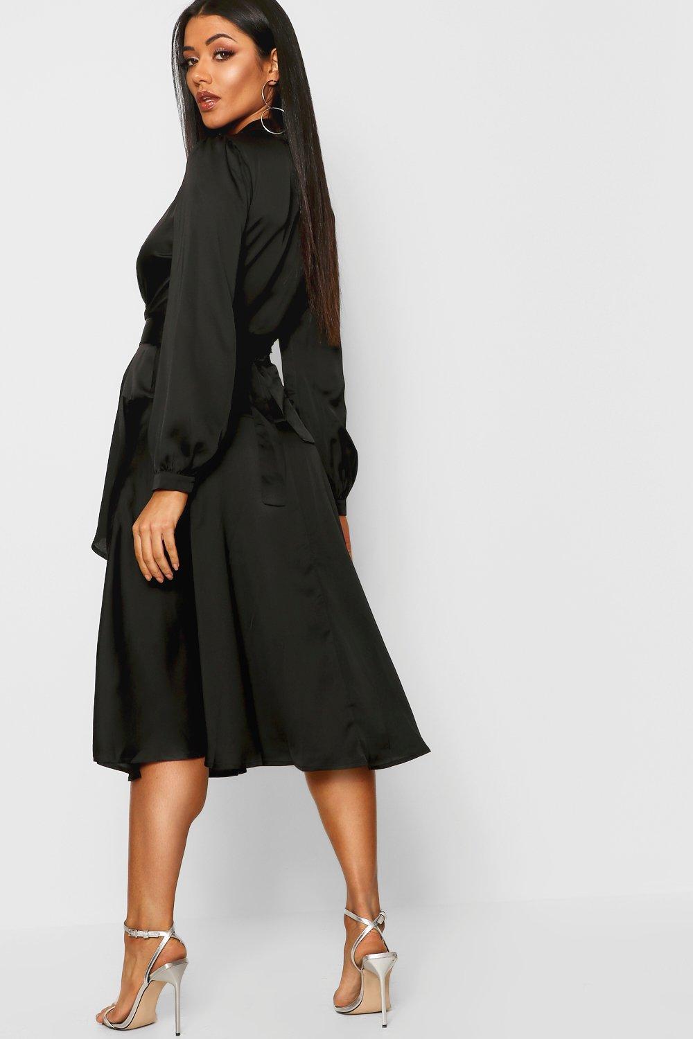 satin wrap skater dress