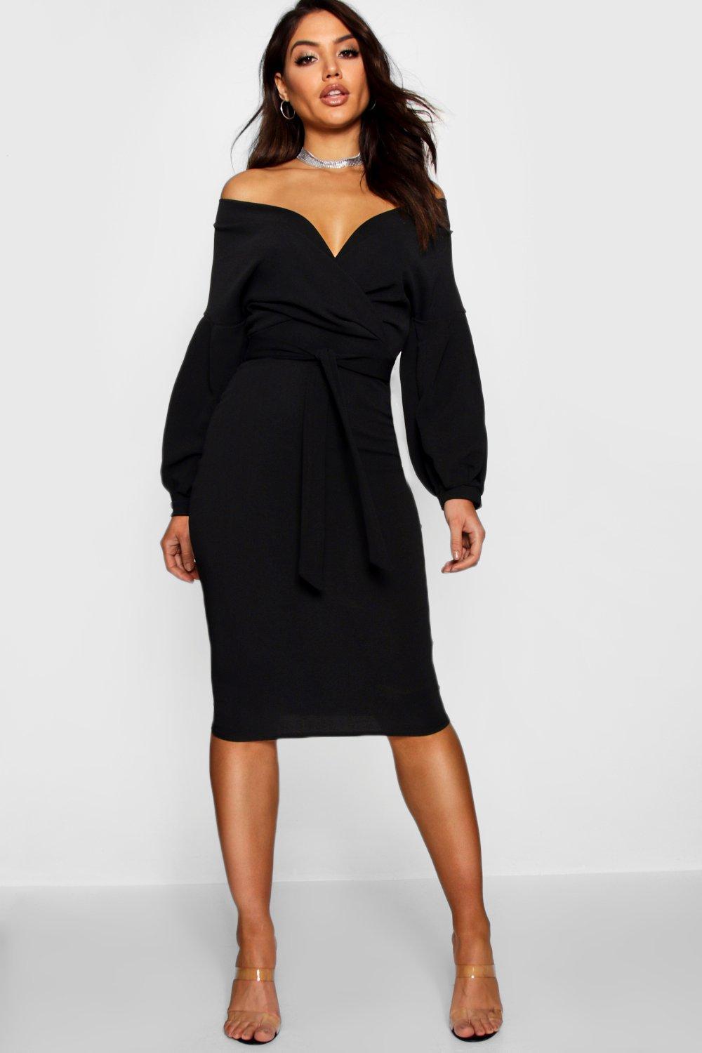 boohoo petite bardot wrap bodycon midi dress in black