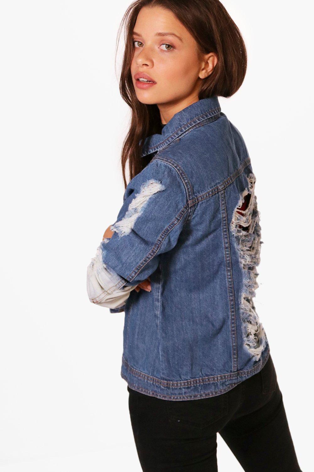 Download Boohoo Edna Ombre Shredded Back Denim Jacket in Mid Blue ...