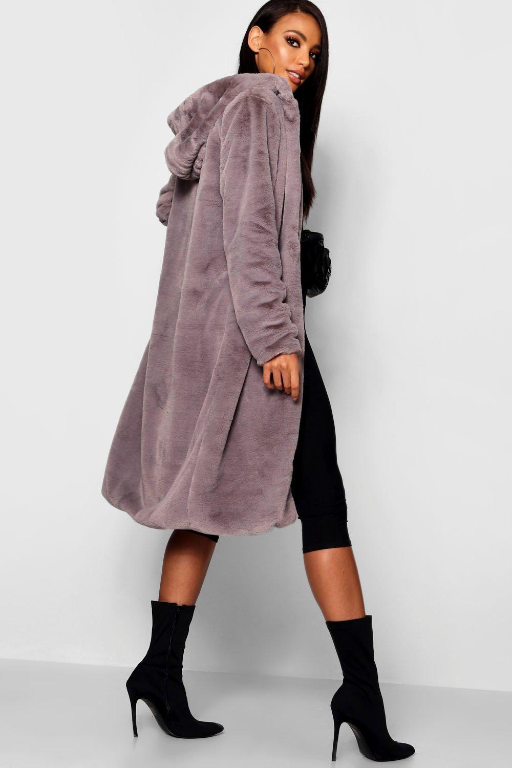 Boohoo Hooded Faux Fur Coat In Grey Gray Lyst 