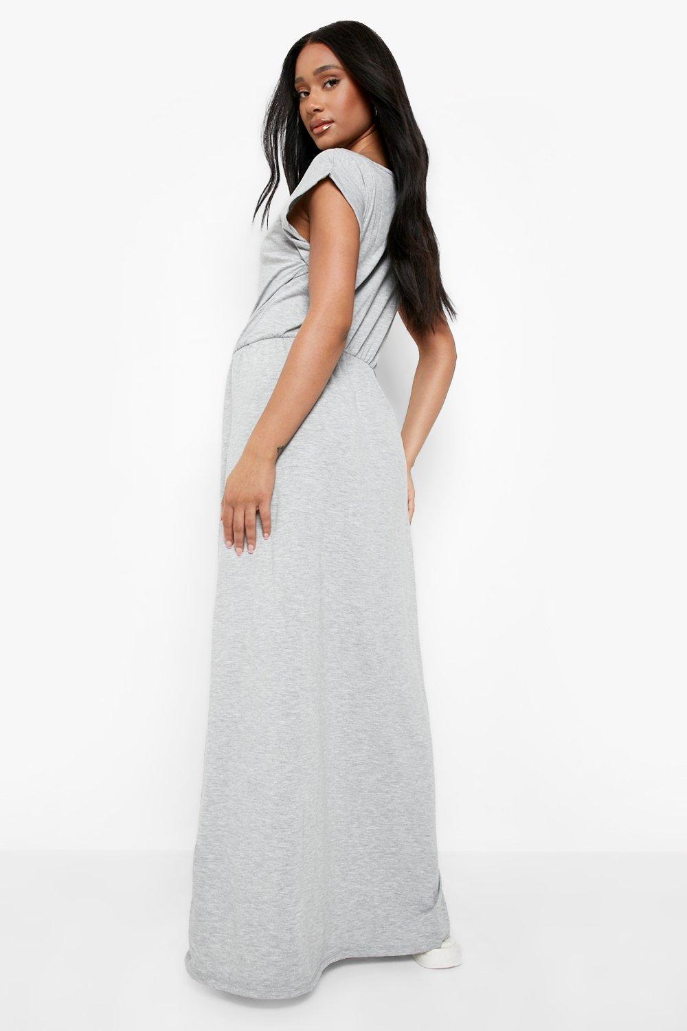 Boohoo Maternity Cap Sleeve Shirred Waist Maxi Dress in Grey (Gray) | Lyst