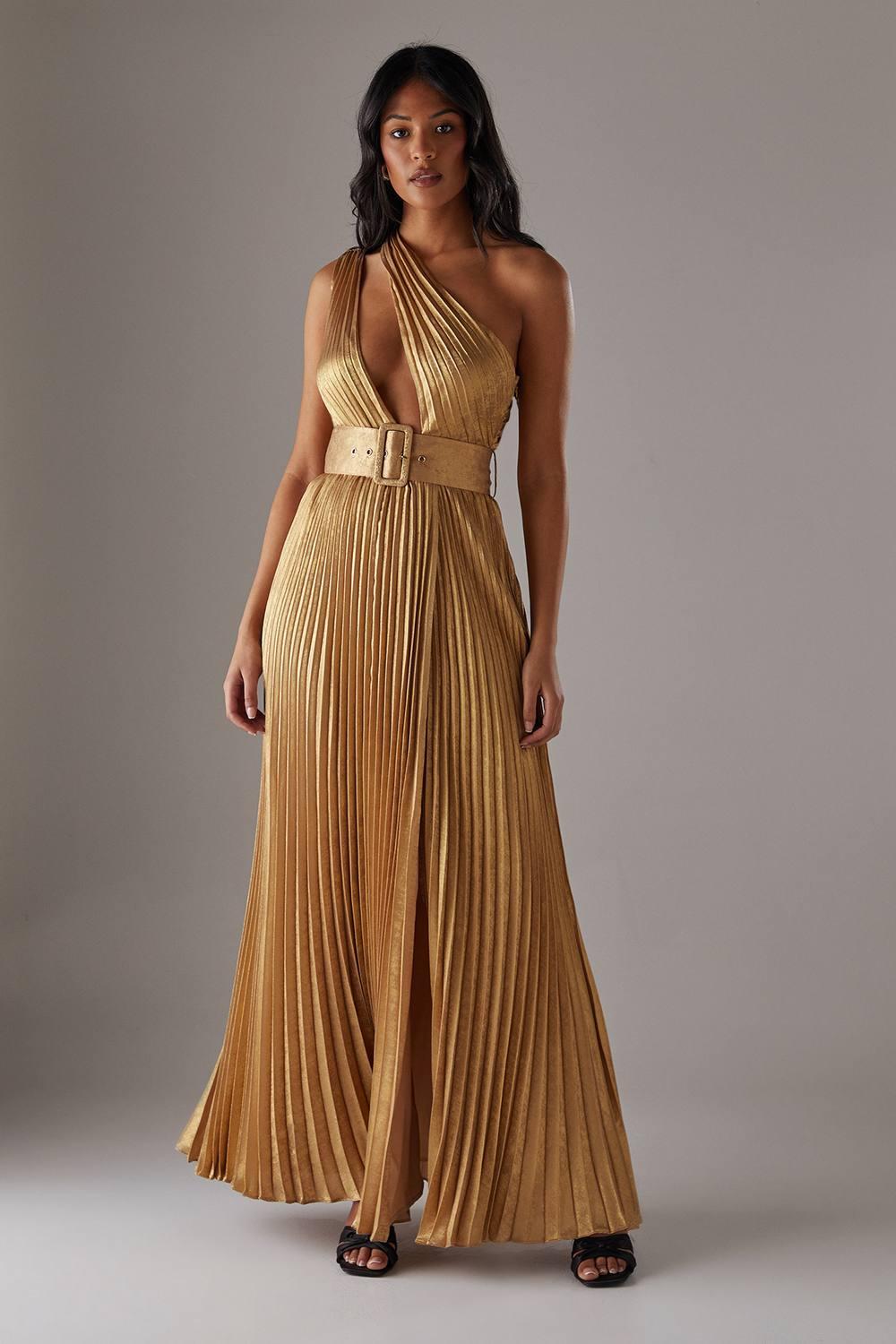 Warehouse Premium One Shoulder Belted Pleated Maxi Dress in Brown