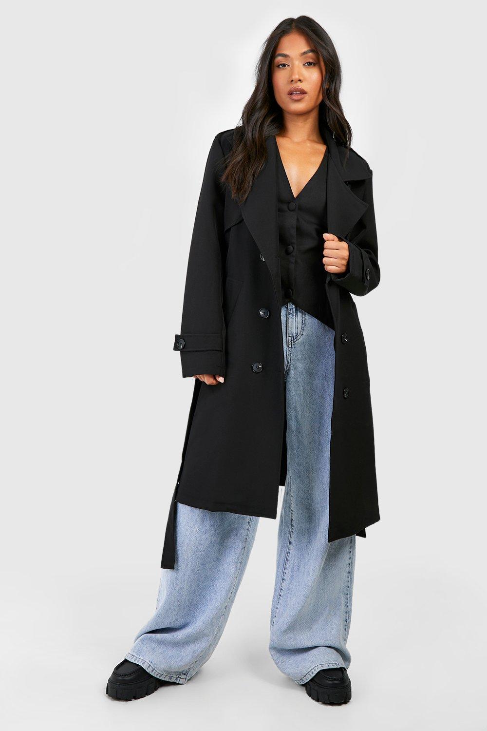 Boohoo Petite Button Detail Belted Trench Coat in Black | Lyst UK