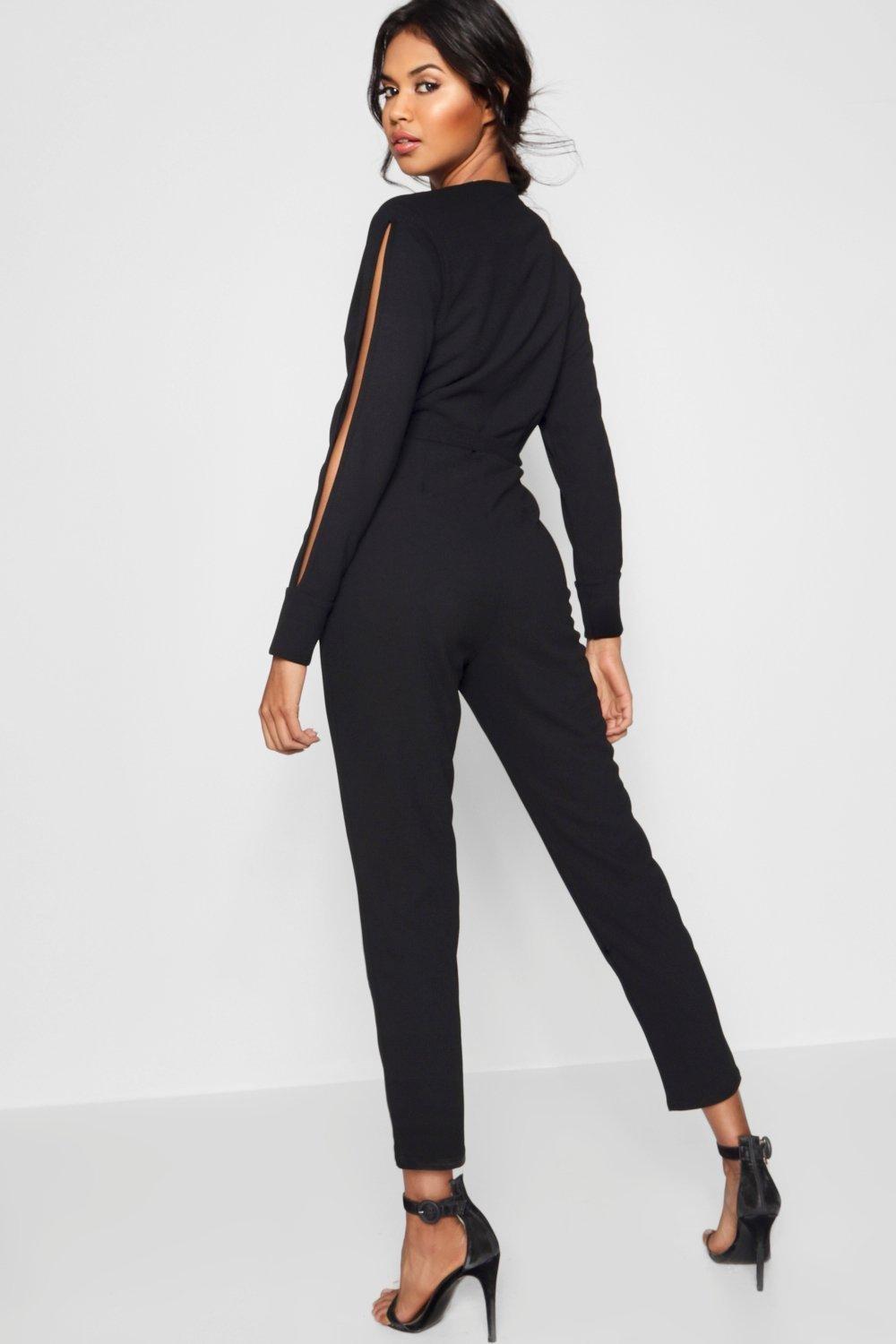 Boohoo Synthetic Womens Split Sleeve Wrap Over Smart Jumpsuit in Black - Lyst