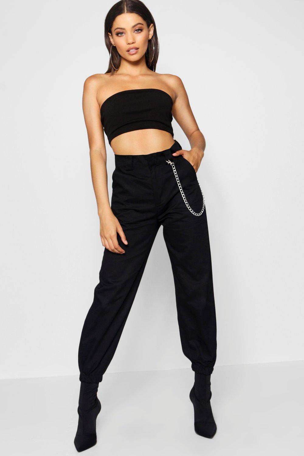 womens black cargo pants with chain