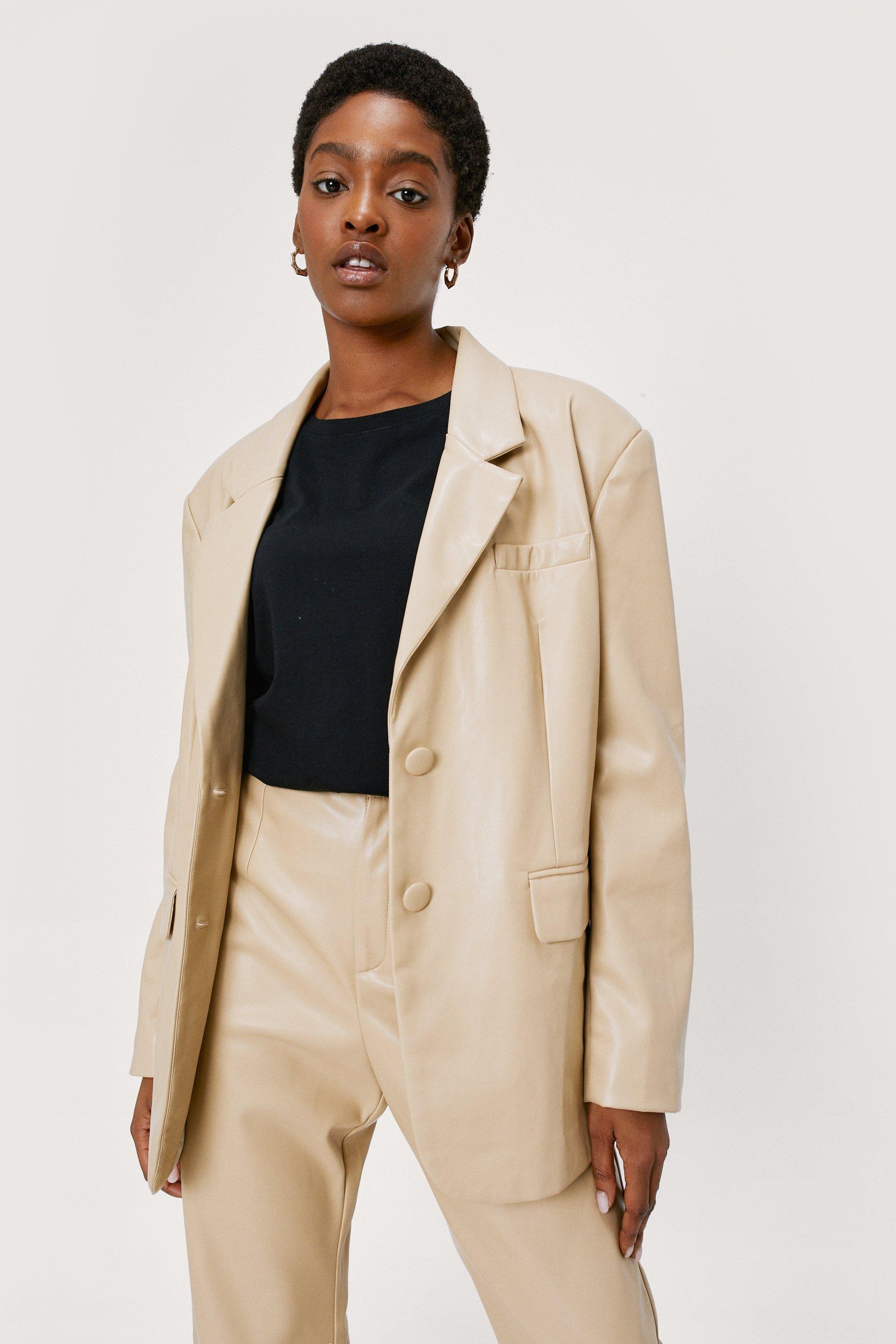 Boohoo Faux Leather Oversized Suit Blazer in Natural | Lyst