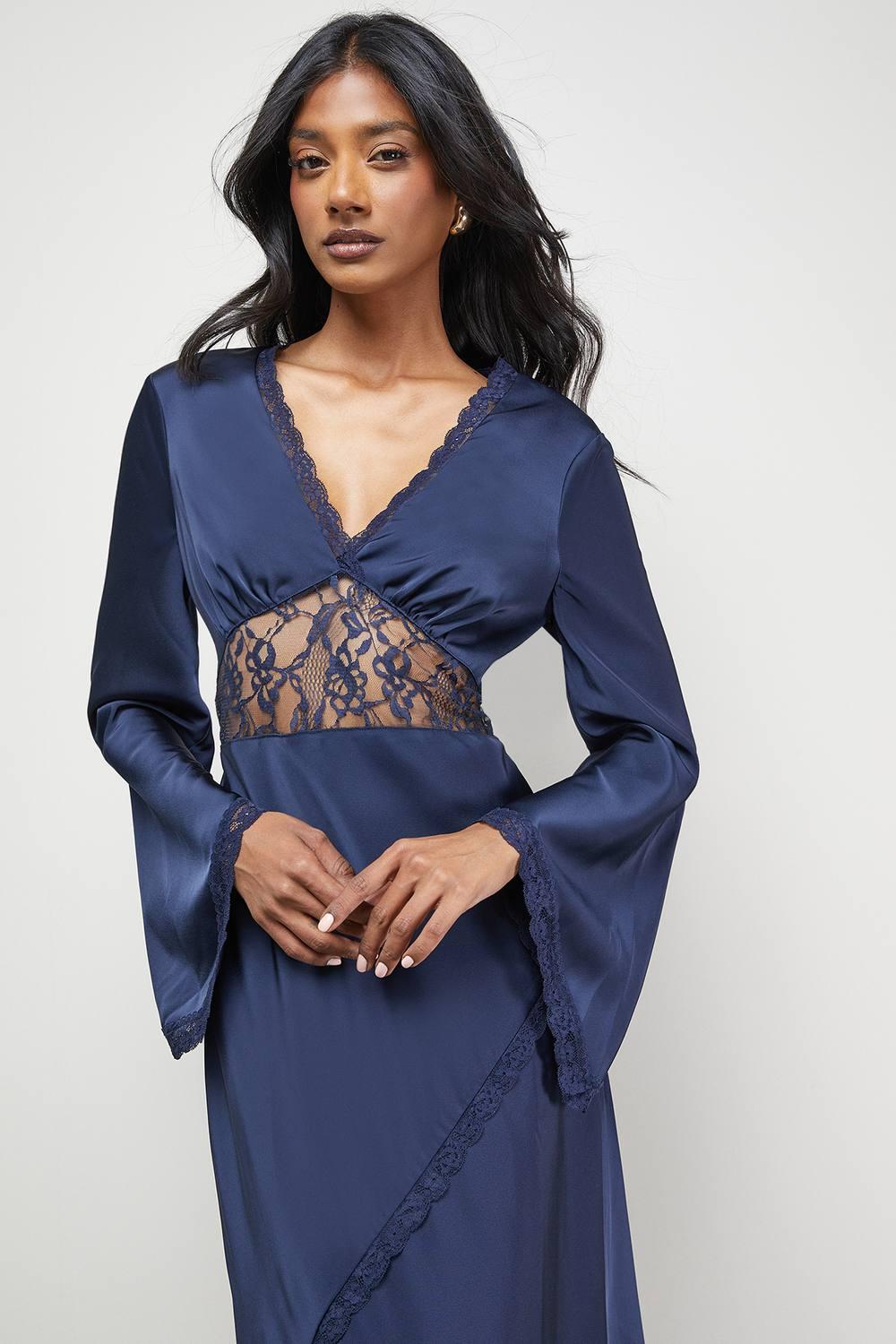 chinese dress ladies Navy Lace Top Maxi Dress with Open Back and Side Slit