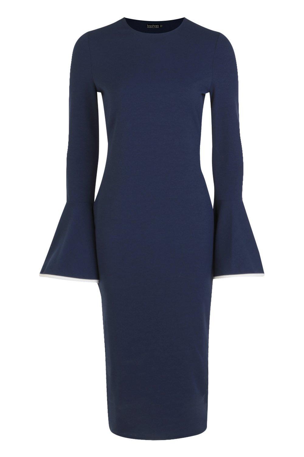contrast flared sleeve midi dress