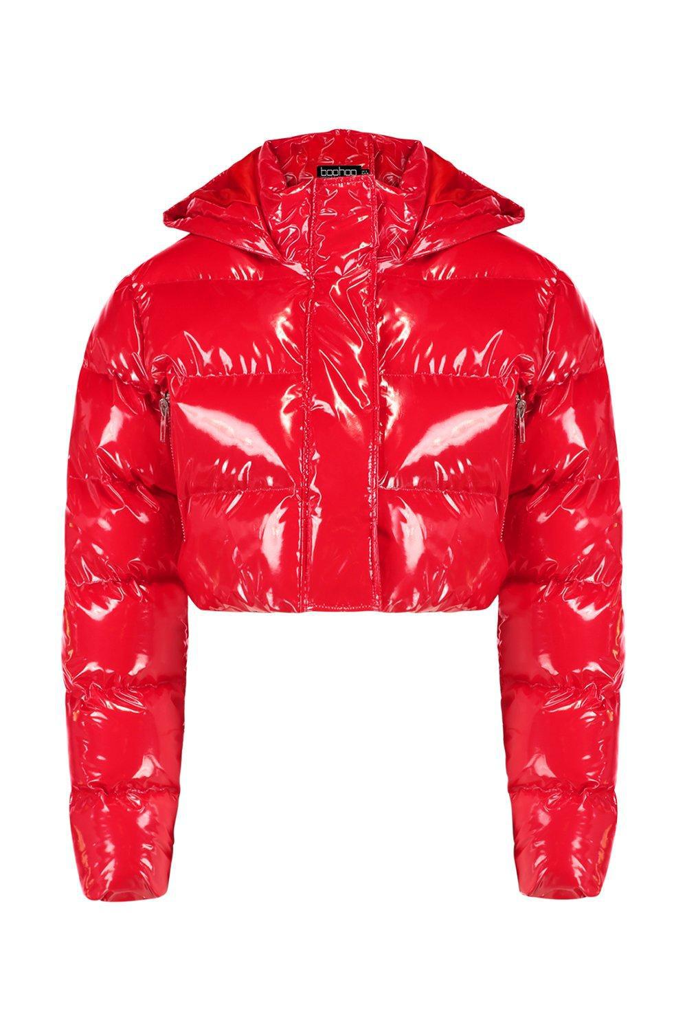 Boohoo Crop Vinyl Puffer Jacket in Red - Lyst