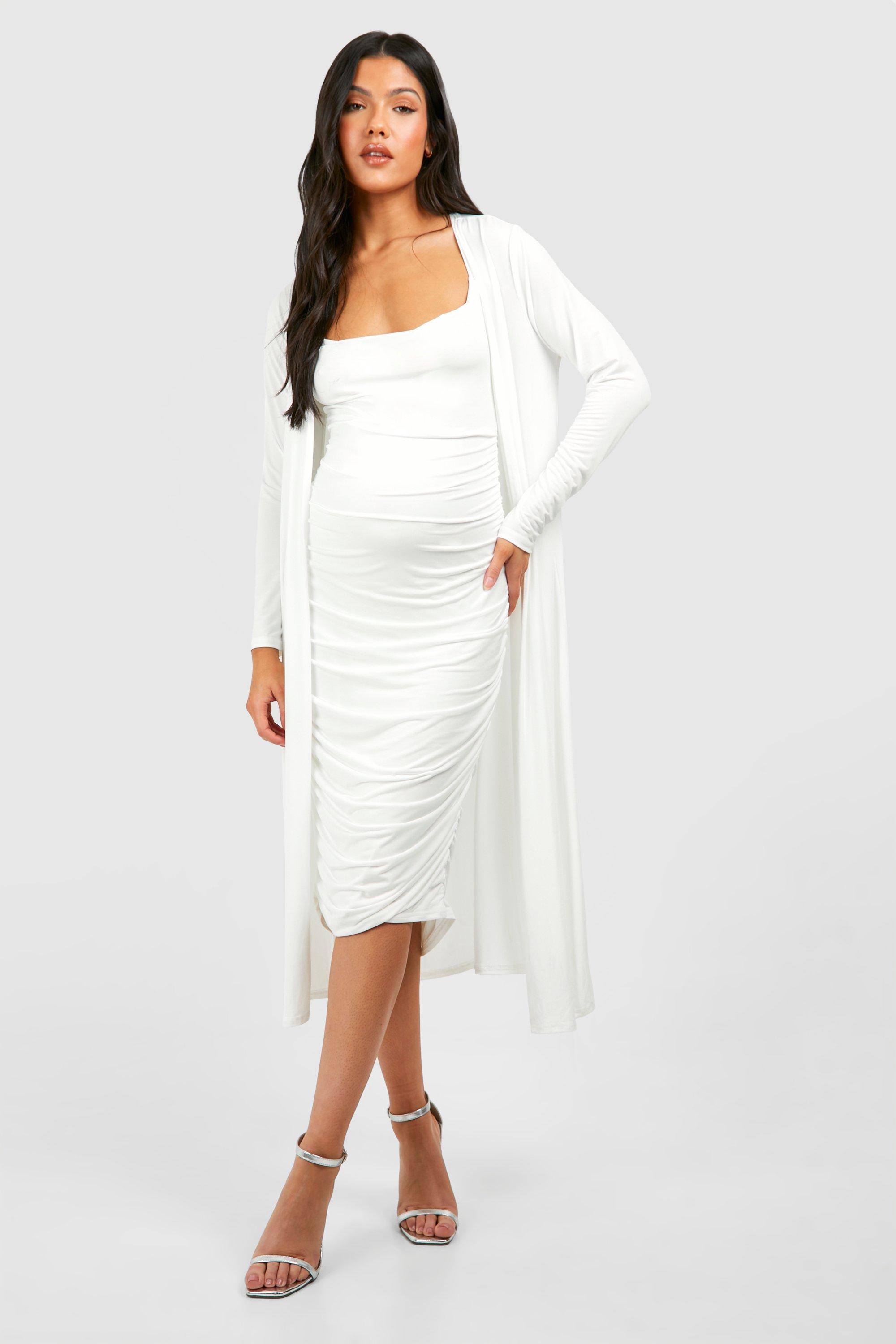 Boohoo Maternity Strappy Cowl Neck Dress And Duster Coat in White
