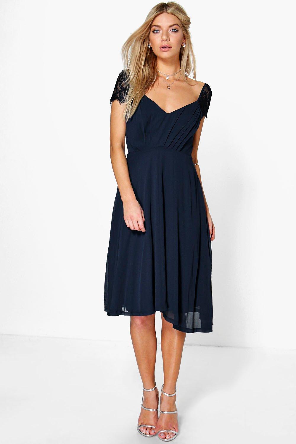 Lyst - Boohoo Eyelash Lace Sleeve Chiffon Midi Skater Dress in Blue