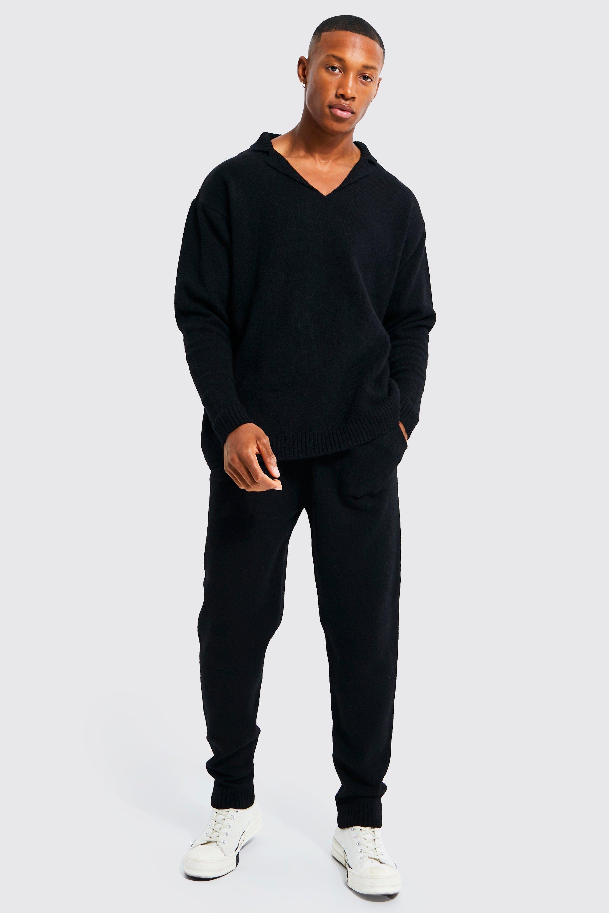 BoohooMAN Oversized Revere Knitted Polo Tracksuit in Black for Men | Lyst