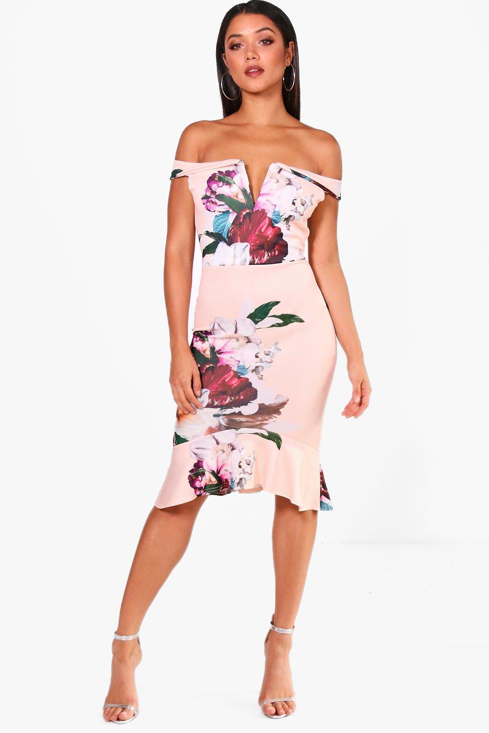 floral bardot frill hem midi dress