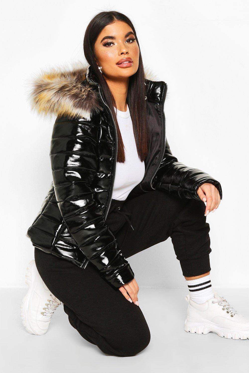 Boohoo Synthetic Petite High Shine Faux Fur Trim Hooded Coat in Black - Lyst